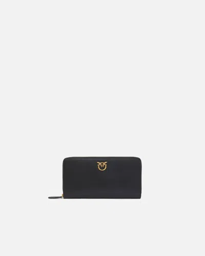 Pinko Zip-around Leather Purse In Black-antique Gold