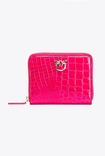 Pinko Galleria Square Zip-around Wallet In Shiny Croc-print Leather In Pink -light Gold