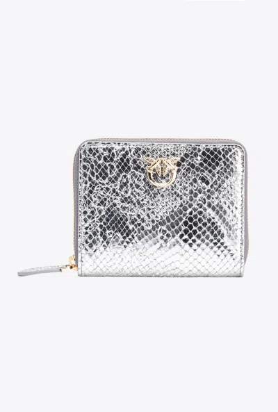 Pinko Galleria Square Zip-around Wallet In Punched Reptile Skin In Argento-light Gold