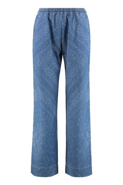 Pinko Printed Cotton Trousers With Side Pockets In Blue