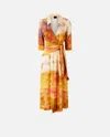 Pinko Printed Satin V-neck Dress In Multi. Beige/pink