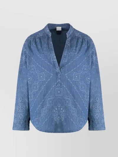 Pinko Printed V-neck Denim Blouse In Blue
