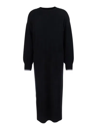 PINKO 'PUERTO RICO' BLACK CREWNECK DRESS WITH SIDE SINGLE SLIT AND CONTRASTING CUFFS IN WOOL WOMAN