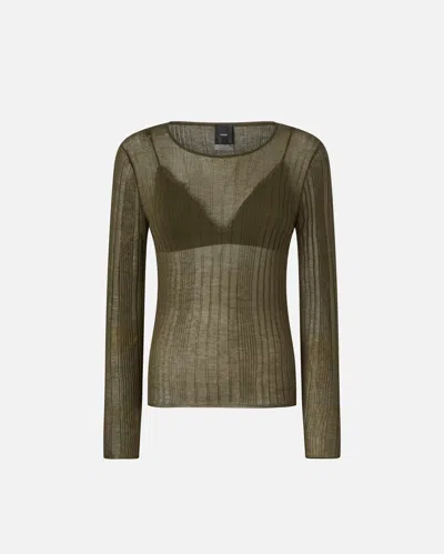 Pinko Semi-transparent Ribbed Sweater In Verde Militare
