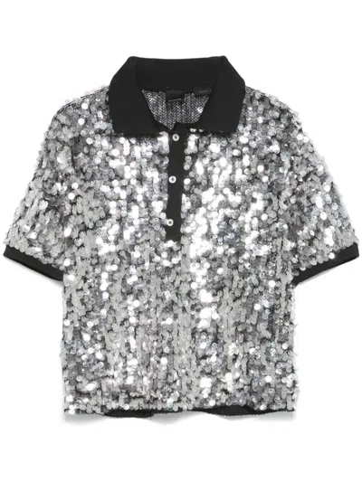 Pinko Polo Sweater With Semi-transparent Sequins In Silver