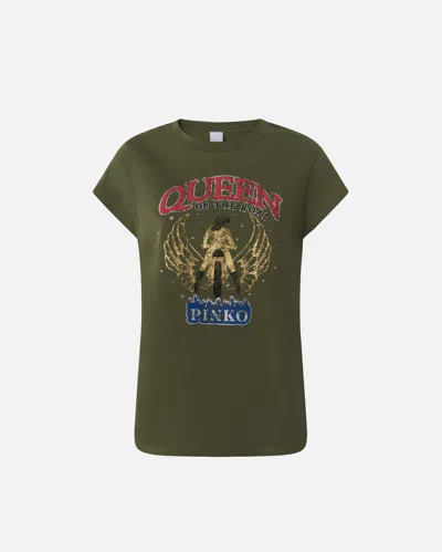 Pinko Queen Of The Road Biker Print T-shirt In Four-leaf Clover Green