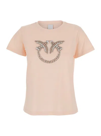 PINKO 'QUENTIN' PINK CREWNECK T-SHIRT WITH LOVE BIRDS DIAMOND CUT LOGO ON THE FRONT