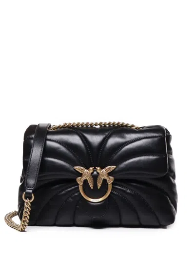 Pinko Quilted Black Calf Leather Foldover Bag With Love Birds Buckle