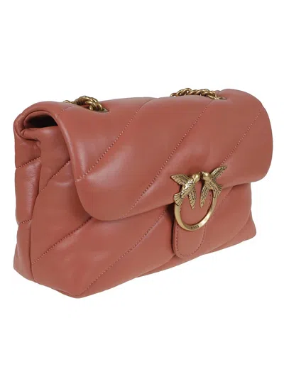Pinko Quilted Calfskin Shoulder Bag With Logo Buckle Detail In Brown