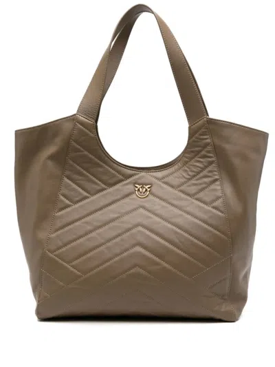 Pinko Quilted Chevron Tote Bag With Decorative Emblem In Brown