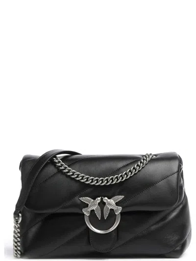 Pinko Quilted Cow Leather Crossbody Bag With Silver Clasp And Chain Strap In Black