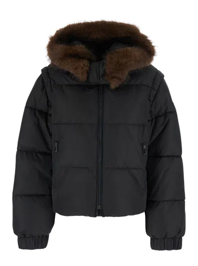 Pinko Quilted Down Jacket With Hood And Faux Fur Trim In Black