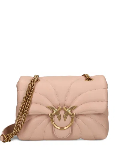 Pinko Quilted Flap Bag With Decorative Emblem And Chain Strap In Neutral