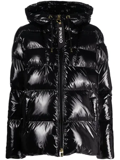 Pinko Glossy Hooded Down Puffer Jacket In Black