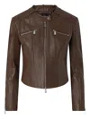 Pinko Nappa Leather Biker Jacket With Vertical Topstitching In Brown