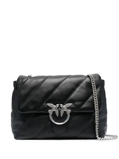 PINKO QUILTED SHEEPSKIN LEATHER SHOULDER BAG WITH SILVER HARDWARE