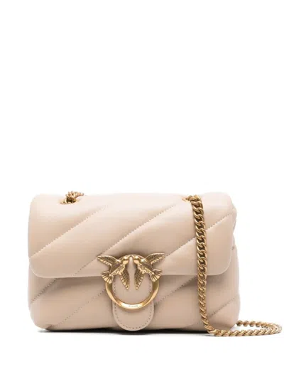 Pinko Quilted Shoulder Bag With Flap Closure And Circular Embellishment In Neutral