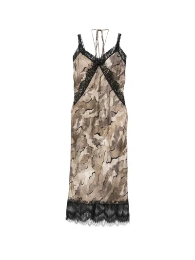 Pinko Rabbocco Camouflage-print Lace-trim Midi Dress In Brown