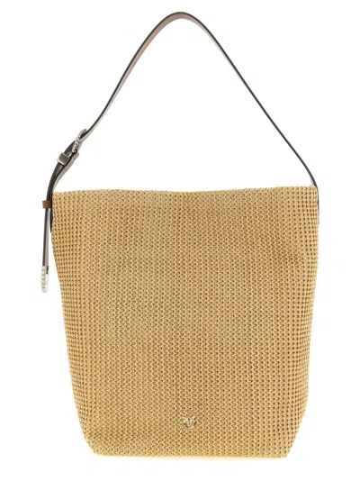 Pinko Raffia Bucket Bag In Tan