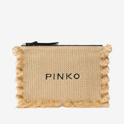 Pinko Raffia Clutch With Logo In Black