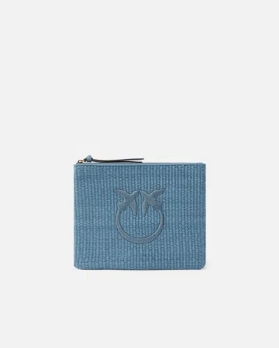 Pinko - Raffia Clutch With Love Birds Logo In Blue