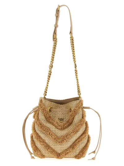 Pinko Raffia Mini Bucket Bag In Sand