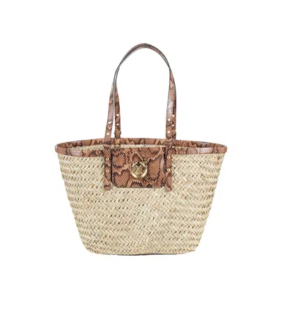 Pinko Raffia Shopper Bag With Reptile-print Details