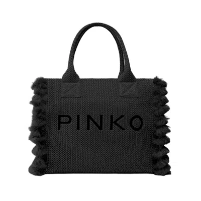 Pinko Raffia Shopping Bag With Contrast Logo And Decorative Details In Black