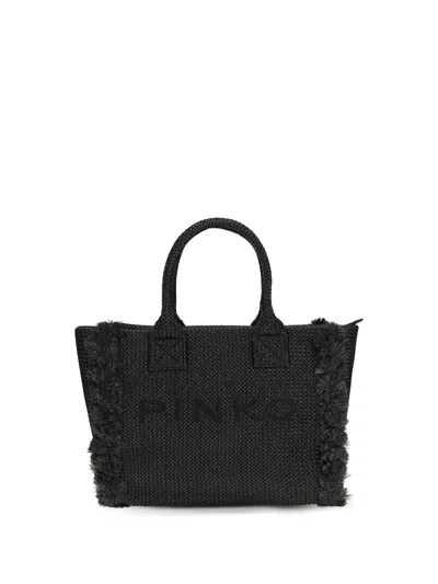 Pinko Raffia With Fringed Details Tote Bag In Black