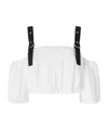 Pinko Cropped Beige Top With Puff Sleeves And Adjustable Straps In White