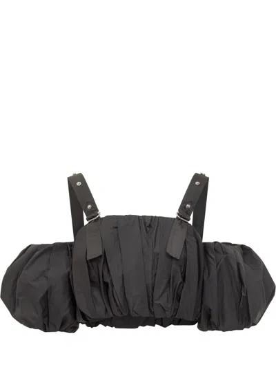 Pinko Adjustable Strap Crop Top With Puff Sleeves In Noir Limousine