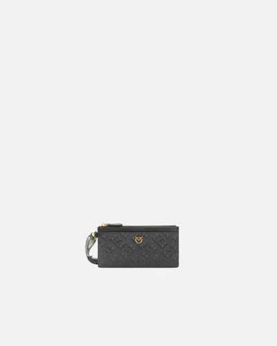 Pinko Rectangular Leather Card Holder With Imprinted Logo In Nero-antique Gold