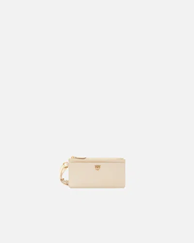 Pinko Rectangular Leather Card Holder With Wristlet In Beige-gris Fumée-or Antique