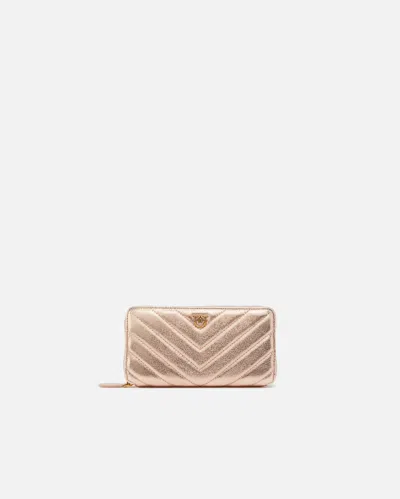 Pinko Rectangular Metallic Quilted Leather Wallet In Pink