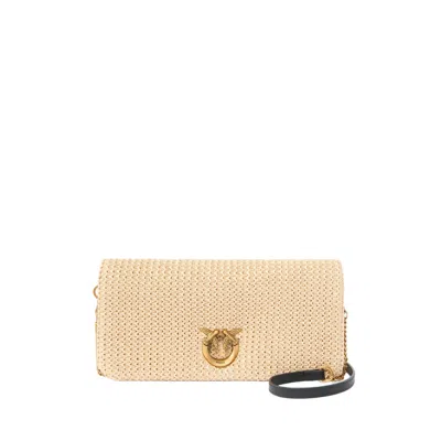 Pinko Rectangular Raffia Bag With Gold-tone Logo Detail In Brown