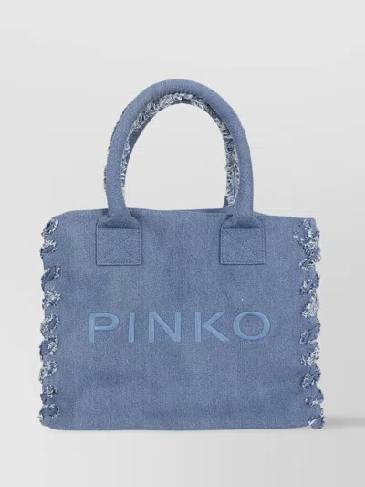 Pinko Recycled Denim Beach Shopping Bag In Q Denim Blu Antique Gold