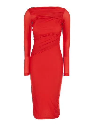 PINKO RED LONG DRESS WITH RUFFLES AND BOAT NECKLINE IN TECH FABRIC WOMAN