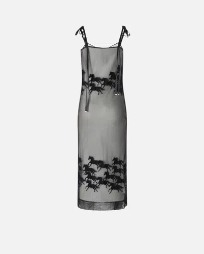 Pinko Reimagine By  X Patrick Mcdowell Sheer Midi Dress With Horse Motif In Noir/blanc