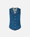 Pinko Tailored Blue Denim Gilet With Notched Lapel In Rinse Wash