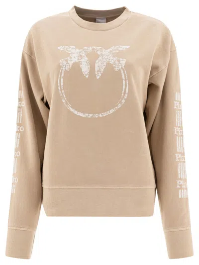 Pinko Relaxed Fit Beige Cotton Sweatshirt In Neutral
