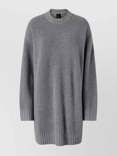 Relaxed Fit Knee-length Dress With Embellished Neckline In Gray from The Fashion Square