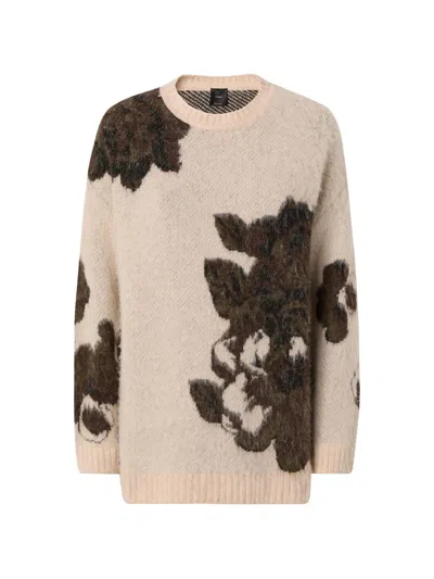 Pinko Relaxed Fit Soft Jacquard Sweater With Floral Patterns In Neutral