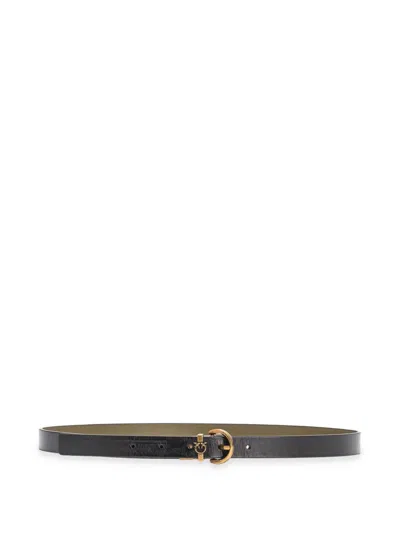Pinko Reversible Leather Belt In Black/green-antique Gold