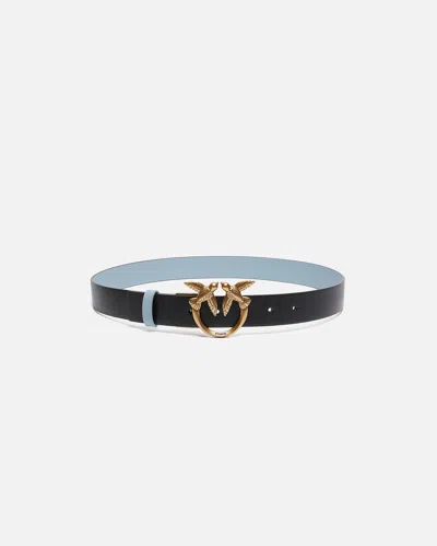 Pinko Reversible Love Birds Belt 3cm In Noir/bleu Ciel-or Antique