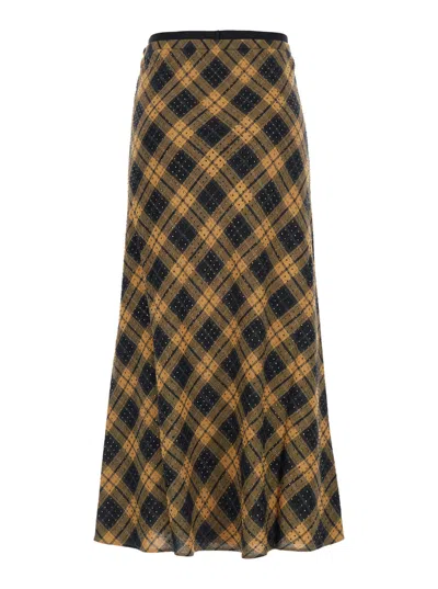 Pinko Rhinestone Check Viscose Skirt With Logo Lettering Waistband In Yellow