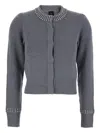 Pinko Grey Cardigan With Crystal Embellishments And Logo Patch On The Back In Cashmere Woman In Gray