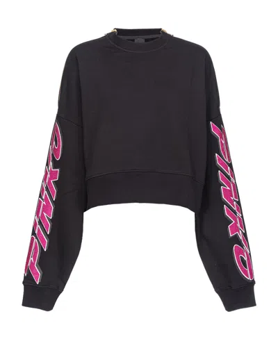 Pinko Rhinestone-embellished Cropped Sweatshirt In Noir/fuchsia