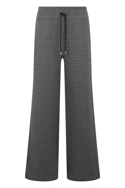 Pinko Rhinestone Fleece Pants With High-waist Wide Leg In Gray