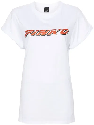 Pinko Rhinestone-logo Cotton T-shirt In White