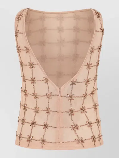Pinko Rhinestone Mesh Sleeveless Top In Neutral